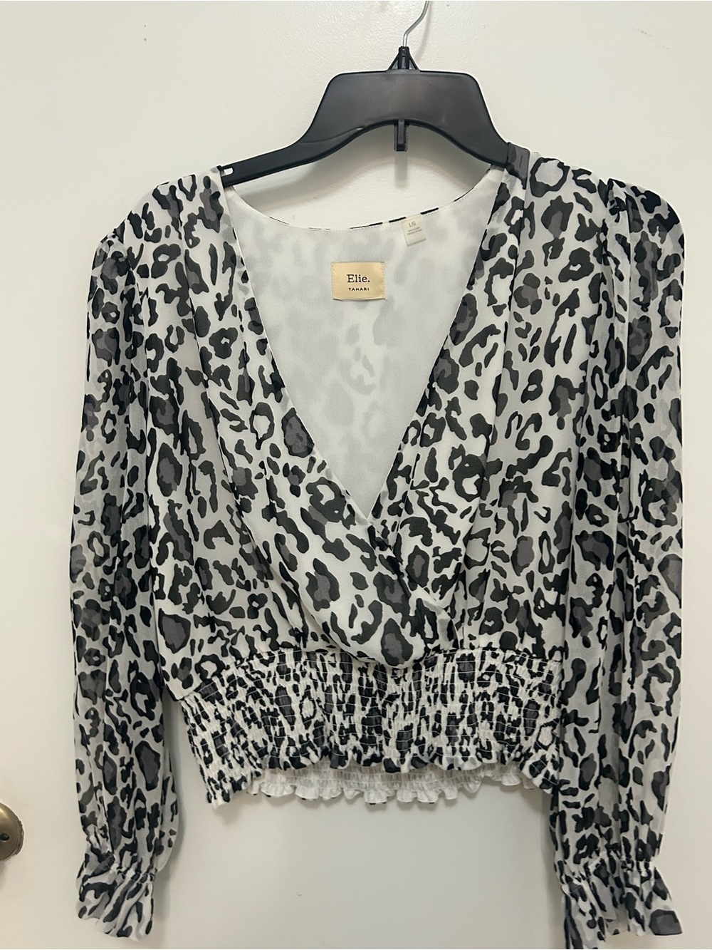 Tahari Black & White Leopard Print V-Neck Smocked Waist Blouse